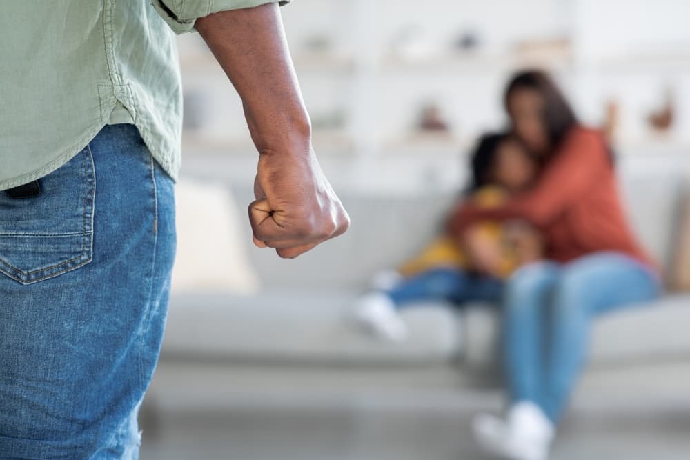 Man Threatening Wife And Daughter With His Fist.